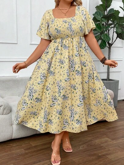 SHEIN CURVE+ Vestido con estampado floral y mangas con volantes para mujer talla grande, estilo vacacional