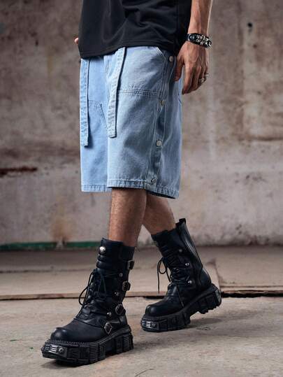 Skyrend 男士宽松腰街头风多扣蓝色拼布牛仔短裤男浅色水洗牛仔短裤宽松牛仔短裤男