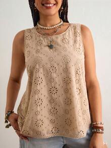 Freevana 法式镂空刺绣无袖上衣 – 圆领前襟，V 形后背蝴蝶结装饰，棉质镂空蕾丝下摆，宽松版型女士夏季休闲衬衫 - 杏色 - 查看 6