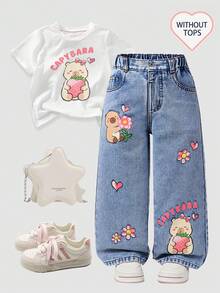 SHEIN Playful Pals 女童水豚卡通印花直筒牛仔褲，開學季藍色水洗丹寧褲，高彈力腰頭，夏季牛仔女孩風 - 中等水洗藍 - 查看 1