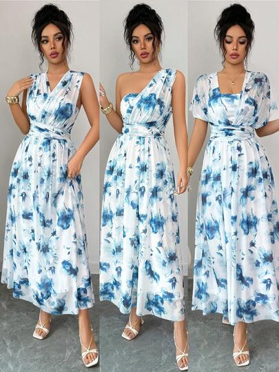 SHEIN Raffinéa Đầm thời trang thanh lịch, đầm phù dâu có thể biến tấu kiểu cúp ngực/một vai, đầm dài màu xanh in hoa dành cho phụ nữ.