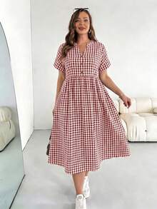 SHEIN Essnce Plus Size Plaid Minimalist Pocket Dress - Red and White - View 5