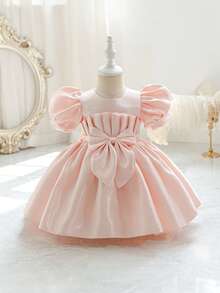 Glamorique Kids 女婴缎面优雅连衣裙，腰部系带蝴蝶结，圆领花瓣袖蓬蓬公主裙，适合所有季节 - 粉色 - 查看 7