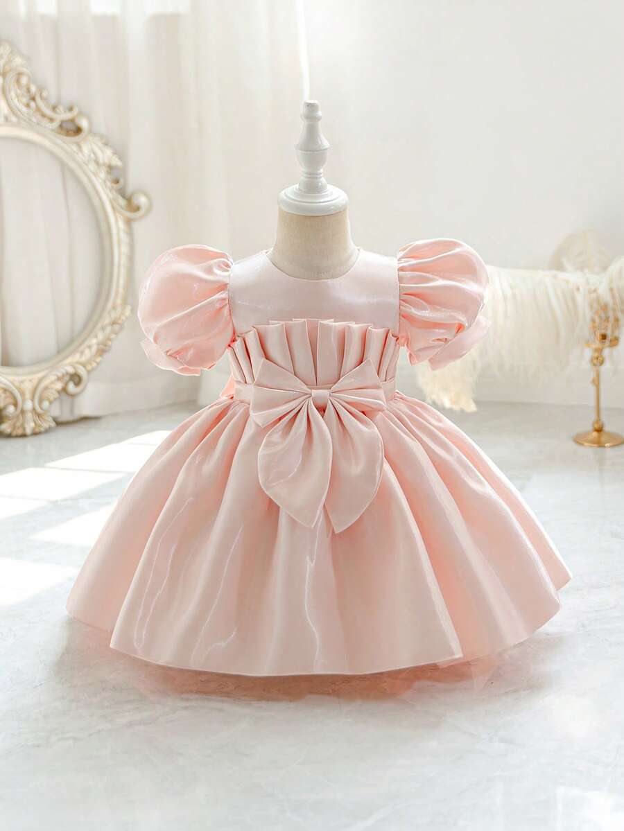 Glamorique Kids 女婴缎面优雅连衣裙，腰间系带蝴蝶结，圆领花瓣袖蓬蓬公主裙，适合所有季节，公主裙，婴儿连衣裙，幼儿连衣裙，女婴派对连衣裙，婴儿婚纱，娃娃裙，婴儿公主裙，婴儿派对连衣裙 - 粉色 - 查看 1