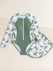 SHEIN 少女比基尼套装，针织面料两件式泳衣，长袖拉链吊带背心式上衣搭配可爱图案平角泳裤，适合夏季度假、海滩、游泳池、派对等场合。 - 綠色 - 查看 5