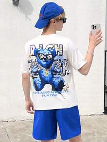 SHEIN Leap Crew Teen Boy Casual Bear & English Graffiti Áo thun ngắn tay in họa tiết có túi quần short Bộ 2 chiếc - Nhiều màu - Xem 1