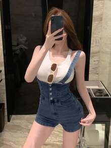 DAZY Celana Pendek Overall Denim Kasual Gaya Jalanan Luar Ruangan Wanita, Warna Biru Pudar Vintage, Kancing Ganda di Pinggang, Cocok untuk Musim Semi & Musim Panas - Biru - View 5