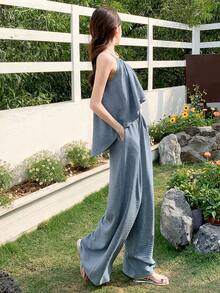 DAZY Bộ 2 món áo hai dây kiểu Hàn Quốc và quần ống rộng dành cho nữ. - Màu xanh lam - Xem 6