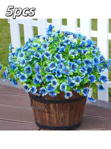 5 Pieces - Simulated Plant Flowers Outdoor Spring And Summer Decorations Fake Silk Colorful Daisies Eucalyptus Realistic Anti-UV Outdoor Home Planting Entrance Courtyard Window Courtyard Decoration Home Garden Entrance Decoration (Blue) - Blue - View 2