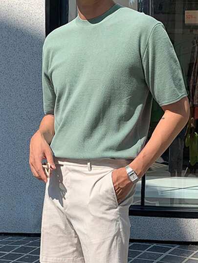 DAZY 男士纯色薄荷绿短袖针织衫，适合夏季通勤