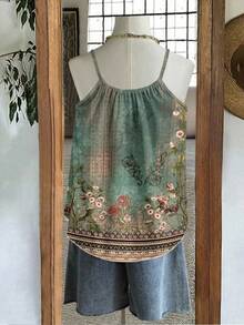 SHEIN LUNE 大码女式夏季波西米亚风母亲节女式欧式优雅花卉图案复古印花吊带衫 - 綠色 - 查看 7