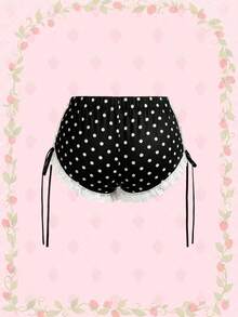 Strawberry Shortcake | ROMWE Women's Strawberry Crisp Shorts With Bow & Polka Dot Decor - Black - View 2