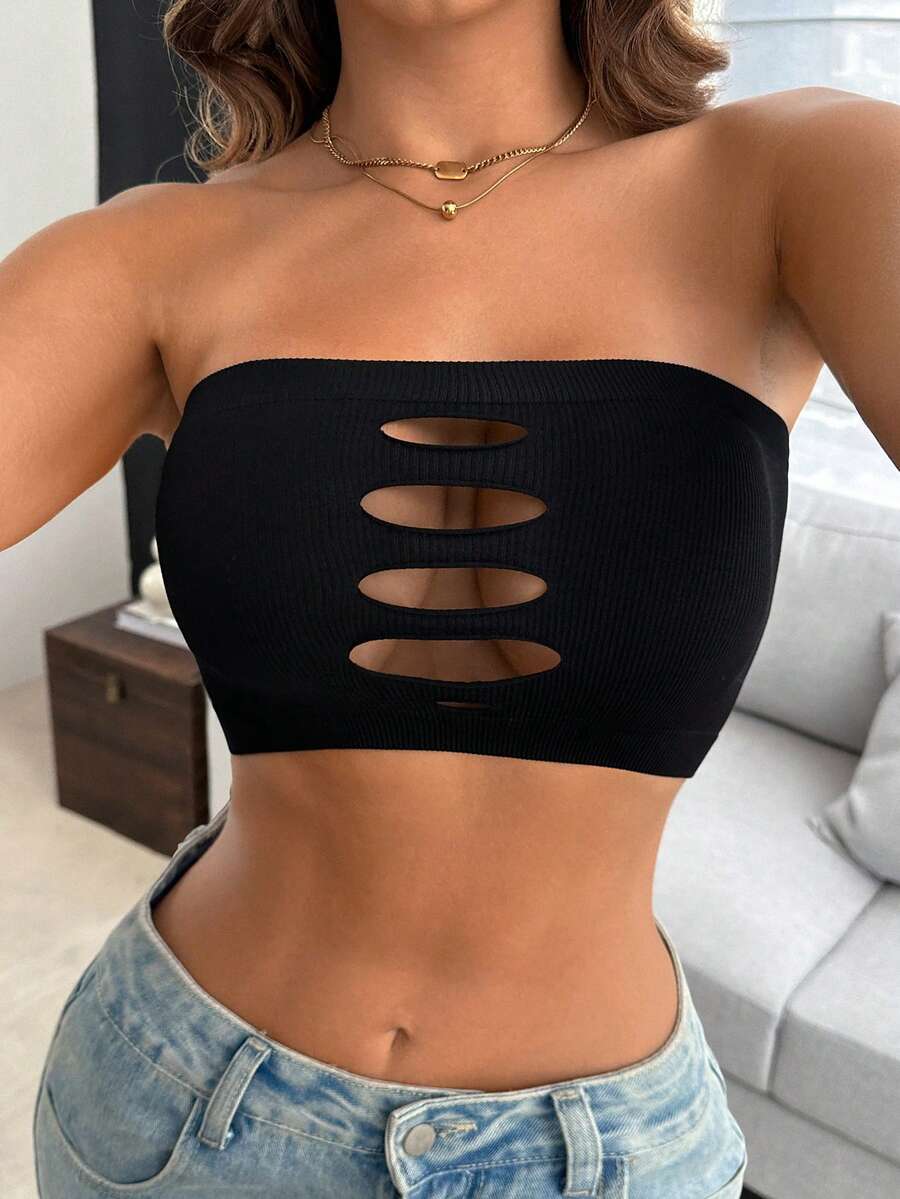 纯色镂空前筒形胸罩无肩带胸罩黑色抹胸抹胸上衣女式无肩带上衣抹胸上衣无肩带上衣 - 黑色 - 查看 1