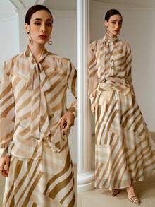 ZEYLAH Áo cánh dài tay in họa tiết sọc trong suốt có cổ buộc dành cho nữ, Xuân/Hè - Màu be - Xem 7