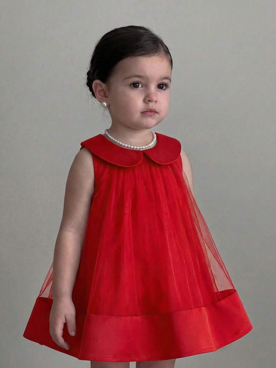 SHEIN Đầm cổ Peter Pan dáng rộng phong cách preppy dễ thương cho bé gái - Đỏ - Xem 1