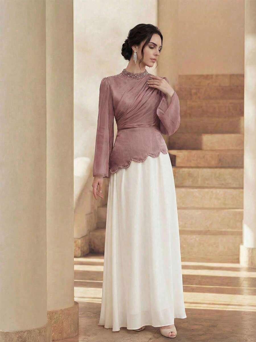 Anewsta Women's Solid Color Mandarin Collar Asymmetrical Rhinestone Decor Flared Soft Elegant Dress - Pink - View 1