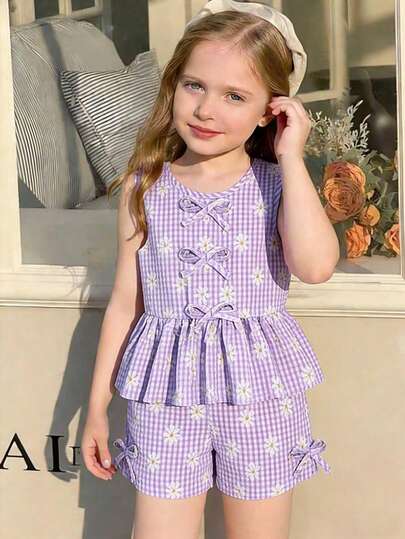 Elladie kids Bộ áo và quần short không tay họa tiết hoa jacquard màu xanh dương cho bé gái (cỡ nhỏ), trang phục mùa hè thời trang cho trẻ em chơi ngoài trời và đi nghỉ mát.