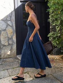 Dazy Tall Vestido de mezclilla con tirantes finos para vacaciones de mujer - Azul lavado medio - Ver 2