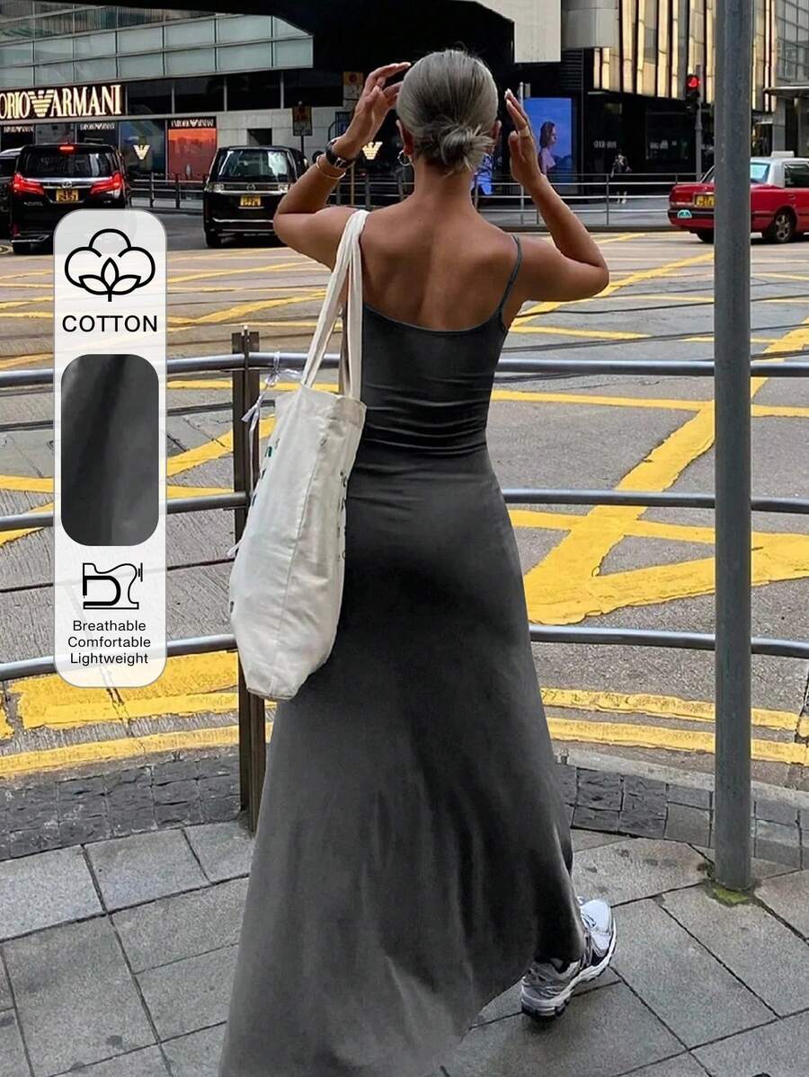 Dazy Tall Lange Damen Maxikleid mit geraffter Taille, figurbetontes lässiges Sommerkleid für Frauen - Dunkelgrau - Übersicht 1