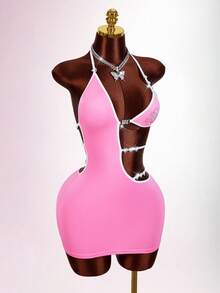 Amplova Đầm ngắn gợi cảm dành cho nữ với chi tiết đính đá hình trái tim ở ngực, eo khoét, dây mảnh, thích hợp cho các lễ hội âm nhạc, ngọt ngào và quyến rũ. - Màu Hồng baby - Xem 8