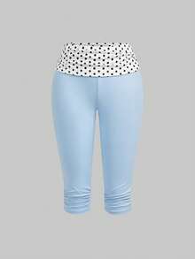 ROMWE Avant Quần Capri nữ dáng ôm, xếp ly, họa tiết chấm bi chắp vá, phong cách Y2K, kiểu dáng nghỉ dưỡng Sicilia cổ điển. - Xanh và trắng - Xem 5