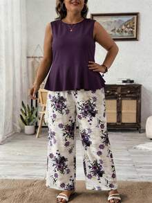 SHEIN LUNE Plus-Size Women's Summer Purple Solid Color Round Neck Ruffled Camisole And Floral Print Wide-Leg Loose Two Pieces Set - Purple - View 3
