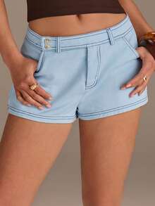 Athîral Women's Casual Sexy Low-Waist Shorts, Summer Vacation Light Blue - Baby Blue - View 4
