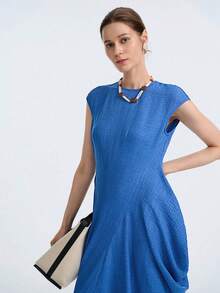 EMERY ROSE Đầm nữ thời trang cổ tròn, xếp ly, vạt bất đối xứng, vai tròn, kiểu dáng lãng mạn, thanh lịch, thích hợp đi làm, hẹn hò, dự tiệc, ăn tối, mùa xuân/hè. - Màu xanh lam - Xem 6