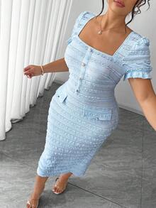 Elenzga Vestido Midi Bodycon Texturizado de Manga Curta com Decote Quadrado, Elegante, para Mulheres Plus Size - Azul - Visão 6