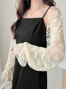 FRIFUL Áo kiểu ren dài tay dáng rộng màu trơn dành cho nữ - Màu be - Xem 5