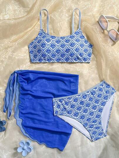 SHEIN Bộ bikini in hoa dành cho thiếu nữ, đồ bơi đi biển.