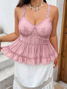 Sunnyshic Plus Size Pink Embroidered Ruffle Trim Bow Camisole - Pink - View 4