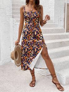 SHEIN Frenchy Đầm midi phong cách tối giản, họa tiết chấm bi trừu tượng màu tím và vàng, có đường xẻ tà, thích hợp cho kỳ nghỉ. - Nhiều màu - Xem 6