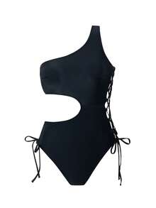 ROMWE Bộ đồ bơi liền thân Gothic dành cho nữ, gợi cảm, đa năng, mang hơi hướng bí ẩn, cá tính, màu đen cơ bản, một vai, cổ bất đối xứng, khoét eo bên, dây buộc chéo, cạp cao, ôm sát cơ thể, giúp tôn dáng. Đồ bơi Gothic, đồ bơi một vai, đồ bơi liền thân khoét eo, đồ bơi cạp cao, đồ bơi tối giản, đồ bơi liền thân gợi cảm. - màu đen - Xem 5