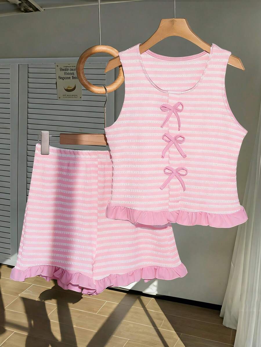 2pcs/Set Teenage Girls' Summer Striped Bow Tie Cropped Sleeveless Top + Frill Trim Shorts Set, Sweet & Spicy Style, Non-Fleece Design, Suitable For Parties And Summer Outings - Pink - View 1