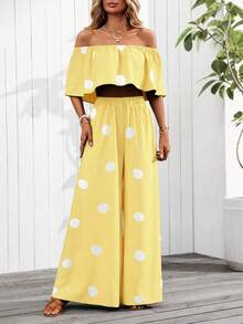 EMERY ROSE Women's Vacation Off-Shoulder Polka Dot Print Blouse And Wide-Leg Pants 2-Piece Set (Floral Pattern Randomly Cut) - Yellow - View 5