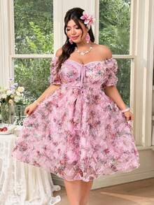 SHEIN Clasi Plus Size Mesh Fabric With Ruffle Trim, V-Neck,, Cinched Waist Bow Decor Elegant Cute Vacation Cocktail Party Dress - Pink - View 6