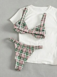 Bộ bikini hai mảnh buộc cổ màu xanh lá cây và đỏ kẻ caro mới, thích hợp cho kỳ nghỉ biển, mùa xuân/hè. - Nhiều màu - Xem 2