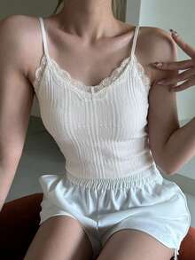 DAZY Women's Casual Vacation & Commute Solid Color Cable Knit Lace Trim Fitted Camisole Top, Summer - Beige - View 2