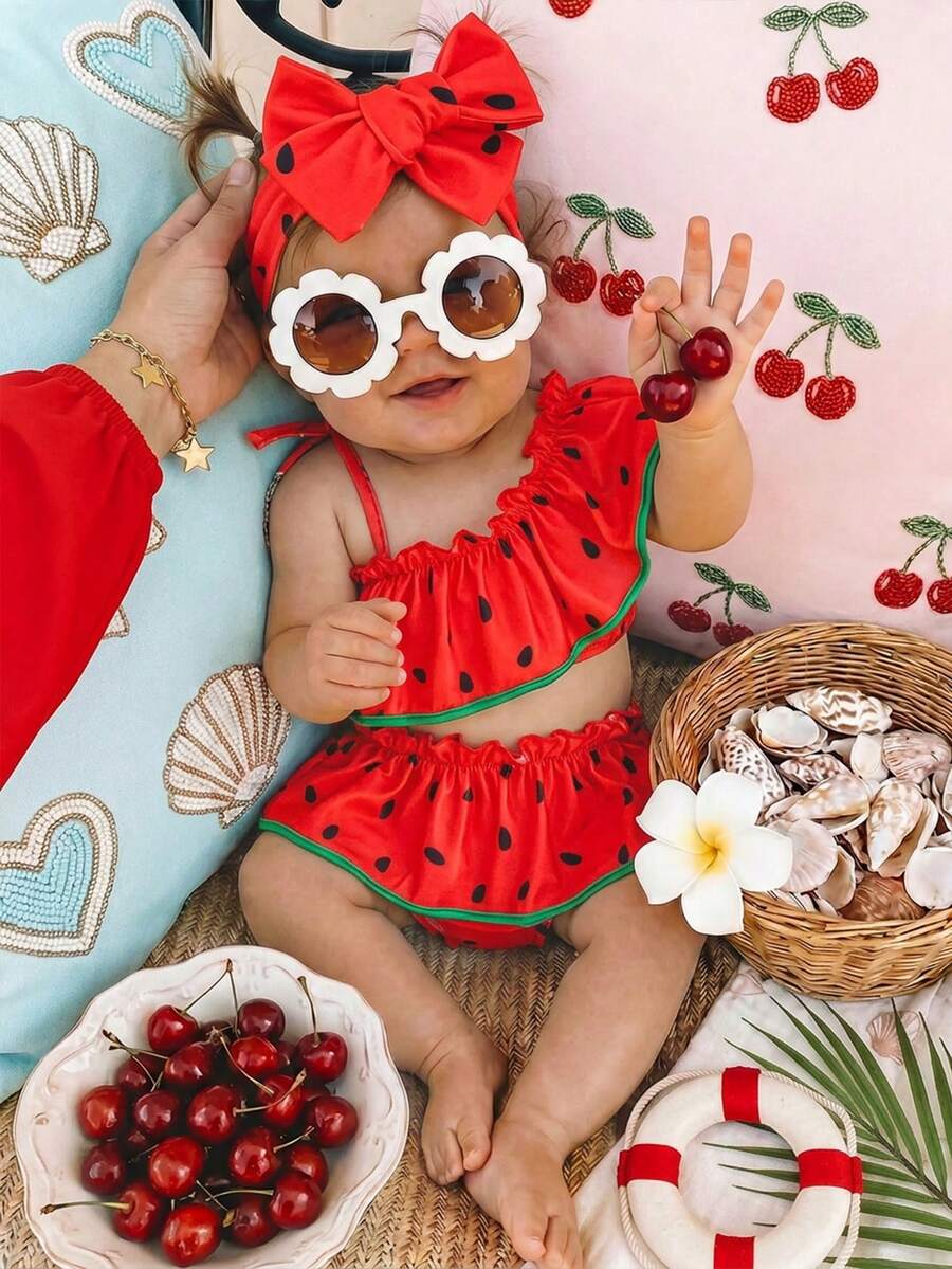 SHEIN Conjunto de traje de baño con estampado de semillas de sandía para niña bebé, trajes de baño para niños pequeños, ropa de baño con frutas, sandía para niñas, niña bebé - Rojo - Ver 1