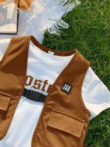 Baby Boy/Girl 3-Piece Set: Soft Knit Letter Print Short Sleeve Raglan Top, Cargo Pocket Sleeveless Vest, Elastic Waist Shorts, Suitable For Summer Streetwear And Outings Brown Short Set Summer Boy Clothes Boys Brown Outfit - Khaki - View 5