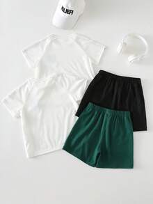 Paquete de 4 camisetas de cuello redondo y pantalones cortos con rayas y decoración de cuerda brotada, estilo casual deportivo para niños pequeños, un conjunto rentable y multiusos adecuado para ropa de niño, fiestas de cumpleaños, fiestas de noche, actuaciones, bodas, bautizos, ceremonias de apertura, uso diario, escuela, viajes, deportes, y temporadas de primavera y verano - Multicolor - Ver 3