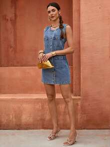 Selianne Đầm denim không tay cài cúc phía trước dành cho nữ - Màu xanh lam - Xem 4