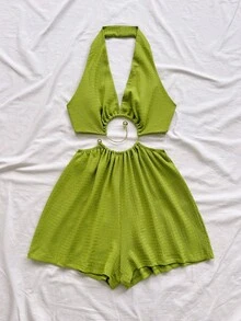 Soleia Lady's Green One-Piece Pants - Summer Casual Beach Resort Wear, Suitable For Evening Outings, Parties And Festive Occasions.No Chest Padding - Green - View 3