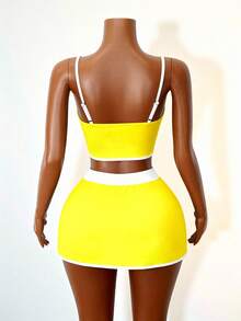 Mistrie Women's Contrast Color Camisole And Shorts Sports Suit - Light Yellow - View 2