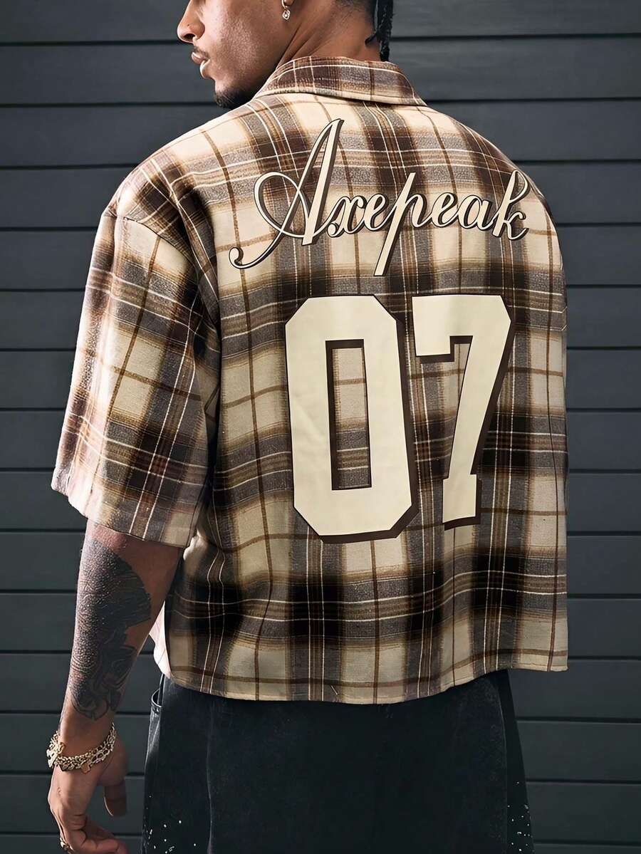 AXEPEAK 男士休闲时尚街头学院风图案数字字母印花宽松落肩短衬衫，夏季 - 彩色 - 查看 1