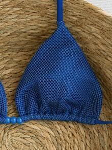 Swim Vcay 2026春夏两件套女士纯色性感豹纹随机印花细肩带露背侧系带比基尼套装 - 藍色 - 查看 5