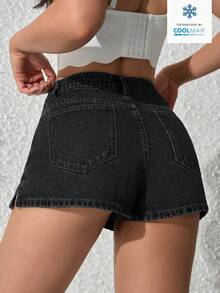 SHEIN PETITE 女款純色時尚口袋拉鍊牛仔迷你裙褲，適合嬌小女性 - 黑色 - 查看 2