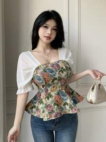 Celisse Women's Floral Patchwork Jacquard Short Sleeve Blouse - White - View 3