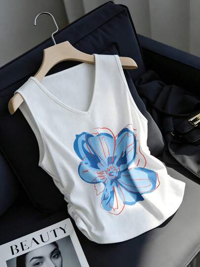 Franclia Áo tank top nữ màu trắng, chất liệu dệt kim, in họa tiết, xếp ly eo, cổ chữ V, thích hợp cho mùa hè, kỳ nghỉ hè, mùa xuân, trang phục mùa xuân cho nữ, ngày Valentine, lễ hội, bãi biển, đám cưới, sinh nhật, tập thể dục, đi chơi, thanh lịch, nghỉ mát, thường ngày, phong cách Y2K, lễ tốt nghiệp, trang phục đi làm thường ngày thời trang, trang phục công sở, trang phục thường ngày đa năng thời trang, trang phục công sở cho giáo viên thành thị.